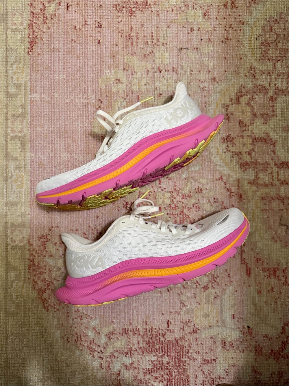 HOKA Women’s White Running Shoes with Pink & Yellow Accents Rare Limited Edition